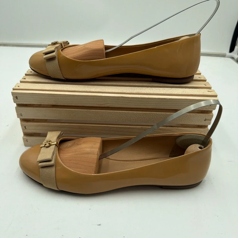 Tory Burch Ballet Flats Trudy Patent Leather Bow Tan Womens Size 10M